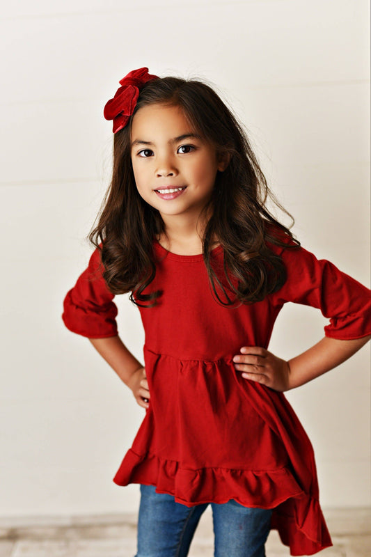 Adorable Sweetness - Kids Maroon Hi-Lo 3/4 Sleeve Ruffle Fall Tunic Top Shirt