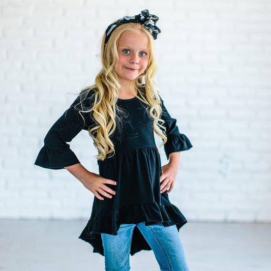 Adorable Sweetness - Kids Black Hi-Lo 3/4 Sleeve Ruffle Fall Tunic Top Shirt
