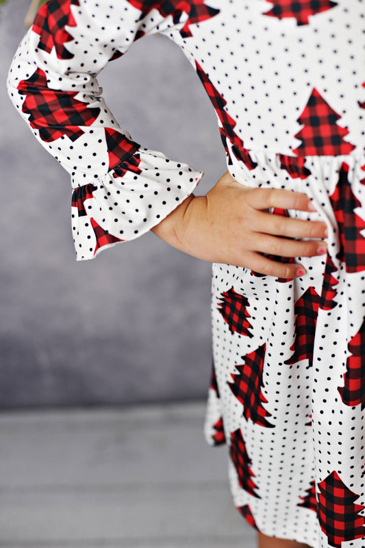 Adorable Sweetness - Kids Buffalo Check Plaid Christmas Tree Long Sleeve Dress