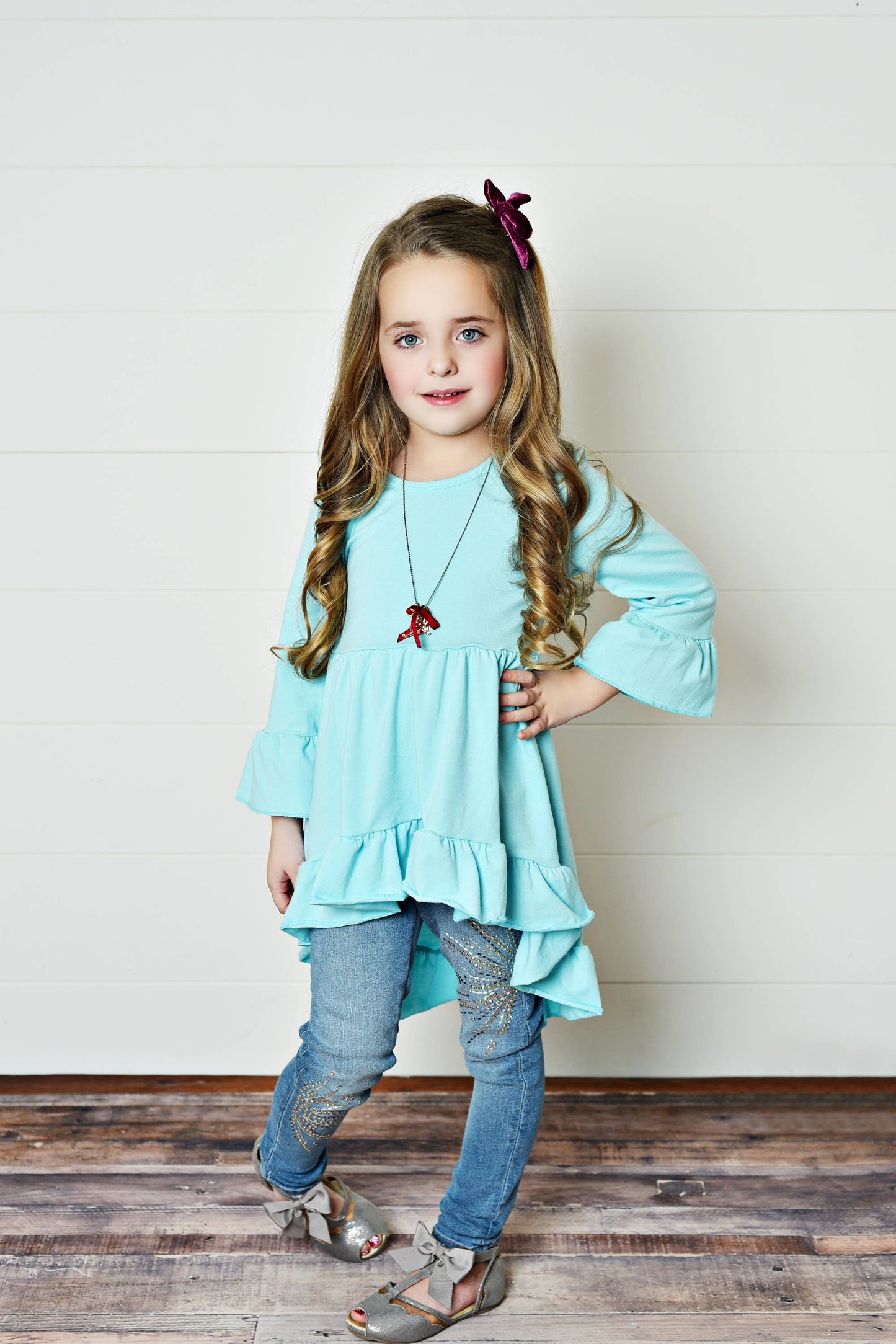 Adorable Sweetness - Kids Teal Hi-Lo 3/4 Sleeve Ruffle Fall Tunic Top Shirt