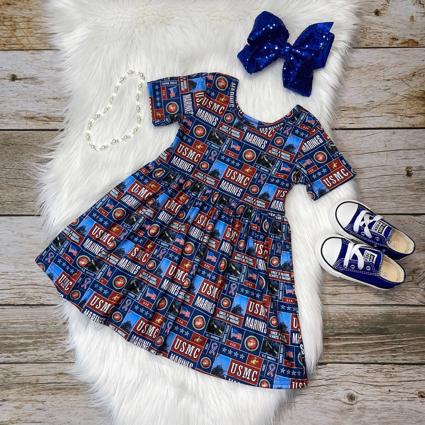 Stella Bean Clothing Co - Blue and Red Military Support Short Sleeve Dress