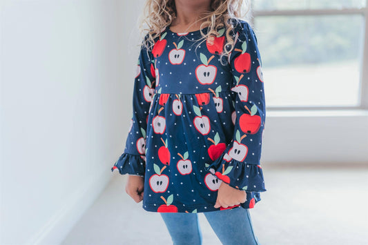 Adorable Sweetness - Kids Navy & Red Fall Apple Print Ruffle Shirt