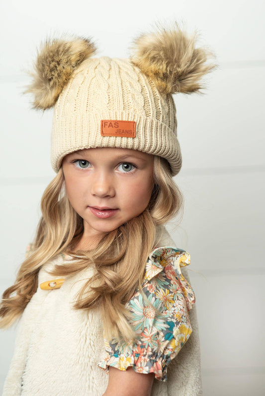 Adorable Sweetness - Kids Cream Cable Knit Fur Double Pom Pom Beanie Winter Hat
