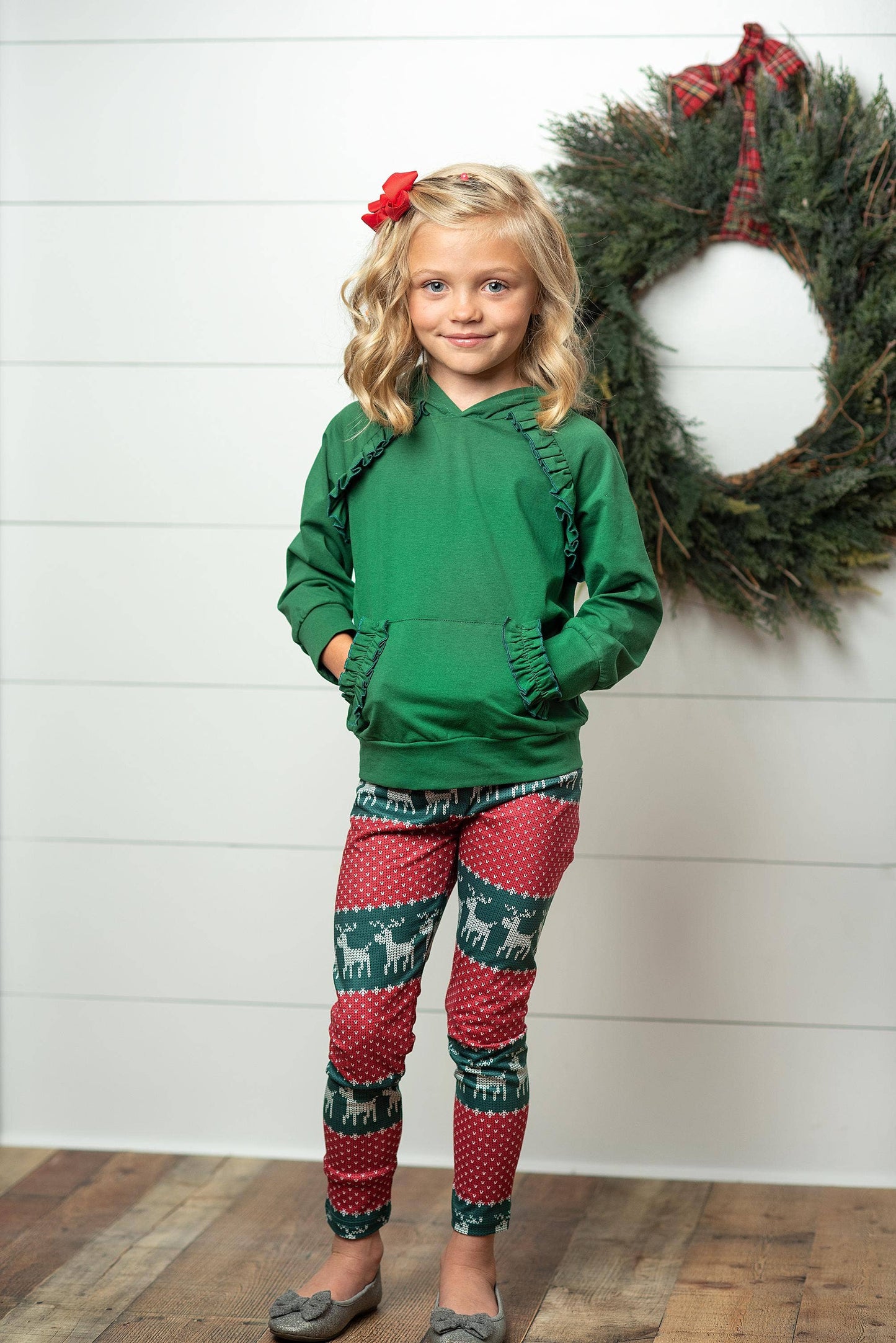 Adorable Sweetness - Kids Reindeer Pocket Ruffle Hoodie Shirt and Leggings Set