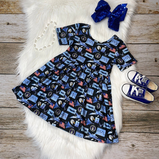 Stella Bean Clothing Co - Blue Fighter Jet Military Support Short Sleeve Dress