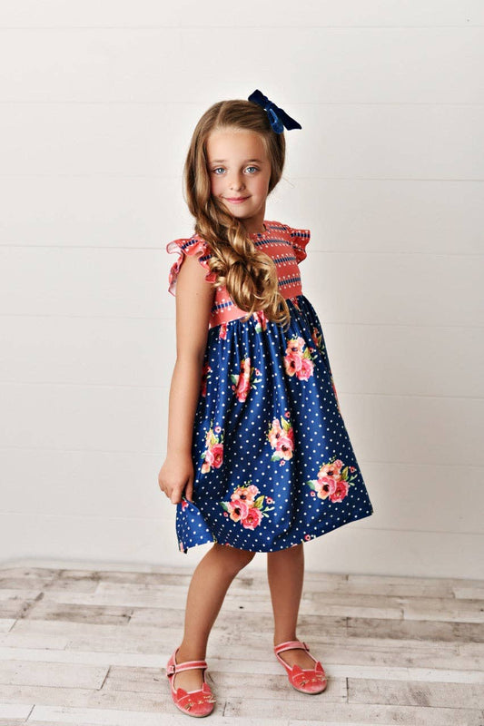 Oopsie Daisy - Navy Coral Floral Twirl Dress