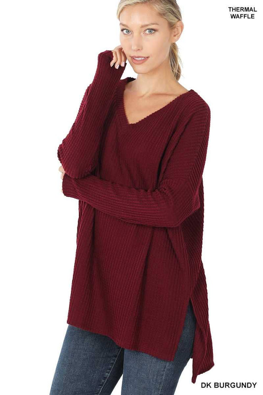 Brushed Thermal Waffle V Neck Hi-low Hem Sweater