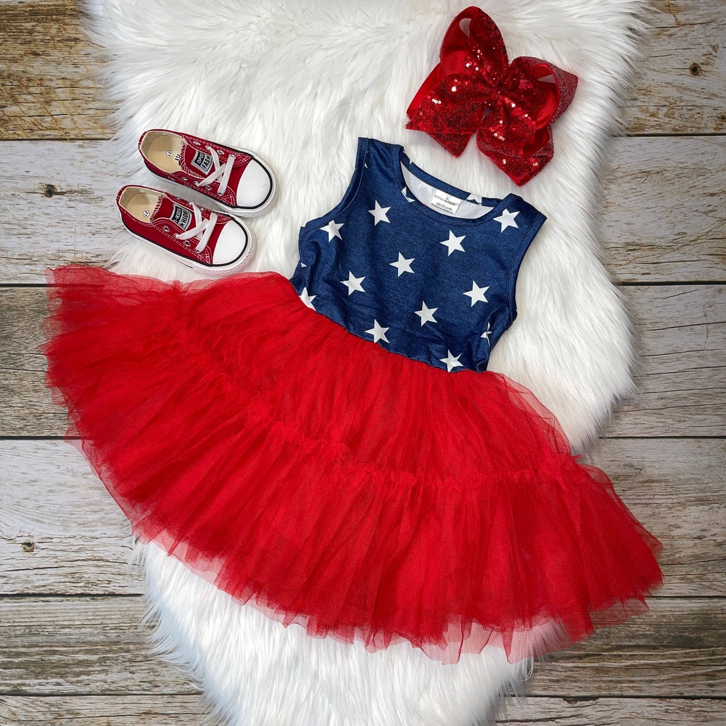 Stella Bean Clothing Co - Americana Blue with White Stars and Red Tulle Tutu Dress