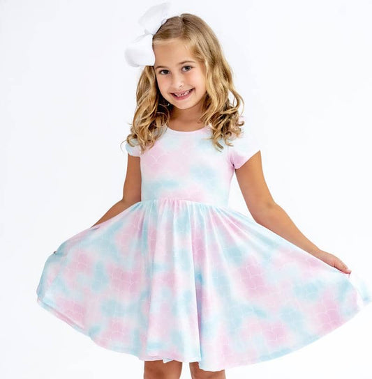 Charlie's Project Kids - Pretty Pastel Mermaid Girls Short Sleeve Hugs Twirl Dress with Pockets