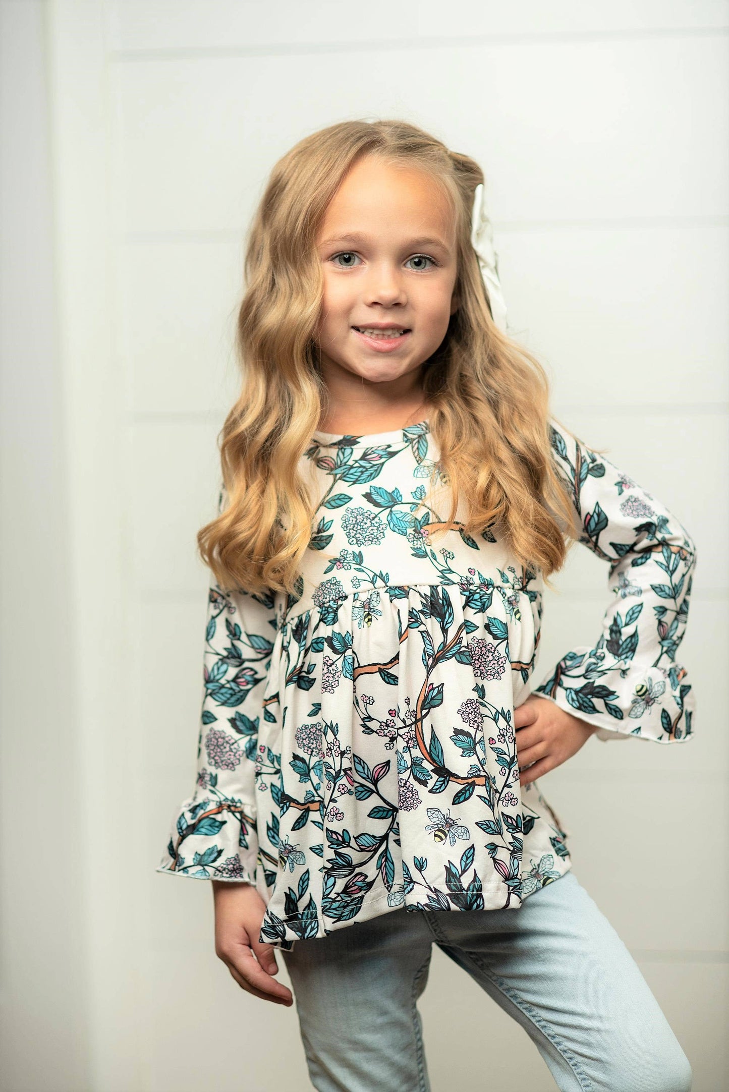 Adorable Sweetness - Kids Bee & Floral Print Long Ruffle Sleeve Shirt