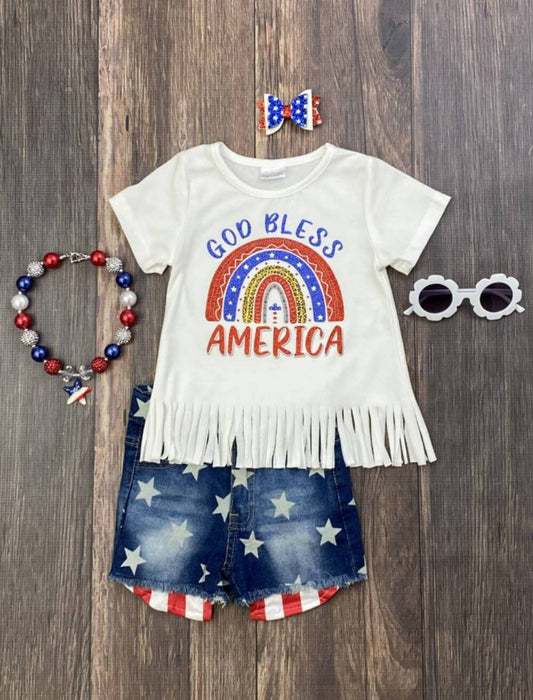 The Hair Bow Company - God Bless America Rainbow Fringe Shirt & Denim Shorts