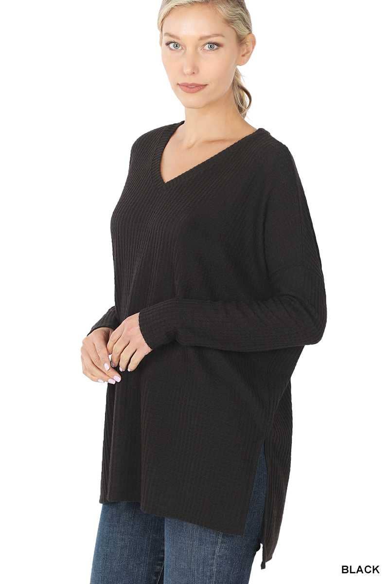 Brushed Thermal Waffle V Neck Hi-low Hem Sweater